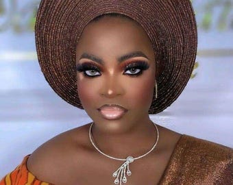 Élégant autogel marron Asooke avec ipele pour les mariages et les occasions spéciales, couvre-chef Asooke pour femme, cravate africaine pré-nouée