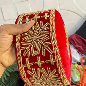 Red Velvet Igbo Cap with Gold Beading: Traditional African Hat