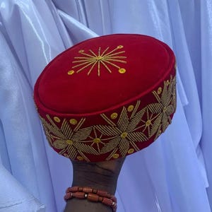 Red Velvet Igbo Chieftaincy Hat: Hand-Embroidered Nigerian Wedding Cap