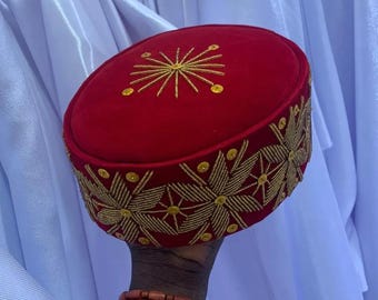 Red Velvet Igbo Chieftaincy Hat: Hand-Embroidered Nigerian Wedding Cap
