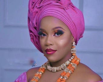 Autogel rose avec Ipele pour les mariages et les occasions spéciales, coiffure Asooke pour femme, cravate africaine pré-nouée