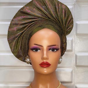 Luxury Gold Autogele Headwrap – Ready-to-Wear Nigerian Gele for Weddings & Special Occasions, African Bridal Headpiece