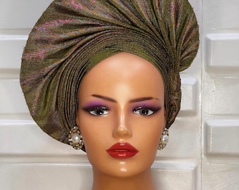 Luxury Gold Autogele Headwrap – Ready-to-Wear Nigerian Gele for Weddings & Special Occasions, African Bridal Headpiece