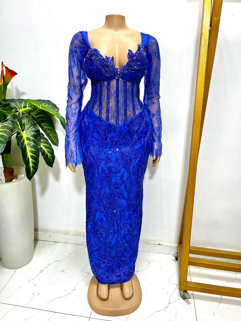 Royal Blue Lace Dress: Beaded Corset Gown, Formal Events Royal Blue Lace Dress: Beaded Corset Gown, Formal Events