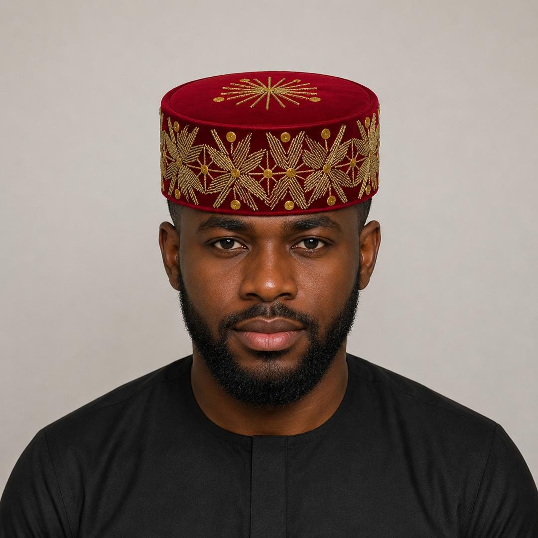 Red Velvet Igbo Chieftaincy Hat: Hand-embroidered Nigerian Wedding Cap ...