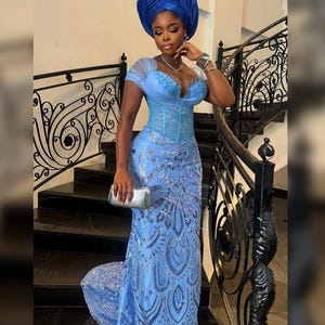 Stunning Blue Lace Dress for Brides, Prom, Elegant Cocktail Dress for formal events and Parties, Bridesmaid gown, Wedding guest attire,