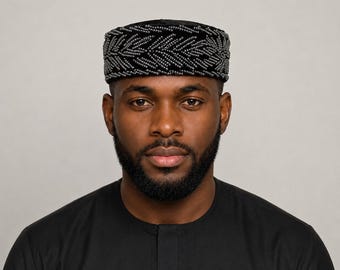 Handmade Igbo Beaded Velvet Cap: Black & Gold Nigerian Chief Hat
