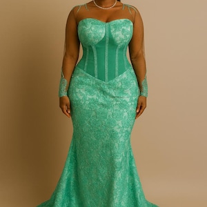 Long Dress with Lace Bodice and Straps Mint Green