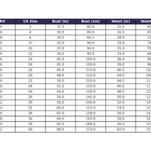 May include: A comprehensive size conversion chart presented in a table format with dark blue headers. It lists order sizes from XXS to 15XL, corresponding UK, Euro, and US sizes, along with bust, waist, and hip measurements in inches and centimeters.