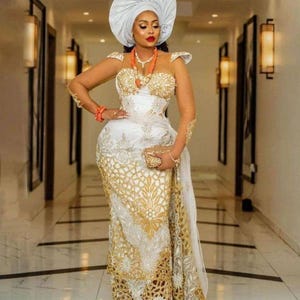 White and Gold George wedding Dress for Weddings and Special Occasions, African Bridal attire for Brides and Wedding Guest
