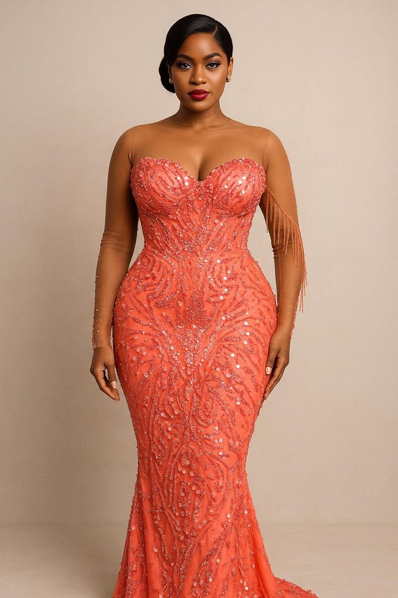 coral beaded dress A-Line Maxi Dress with Sweetheart Neckline and Beaded Floral Accents main image 1