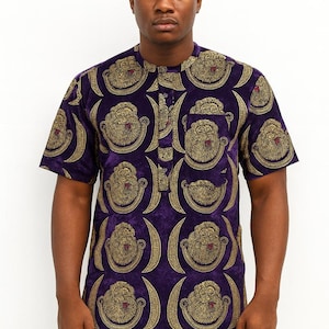 Purple Velvet Isiagu Shirt: Igbo Lion Head, African Royalty
