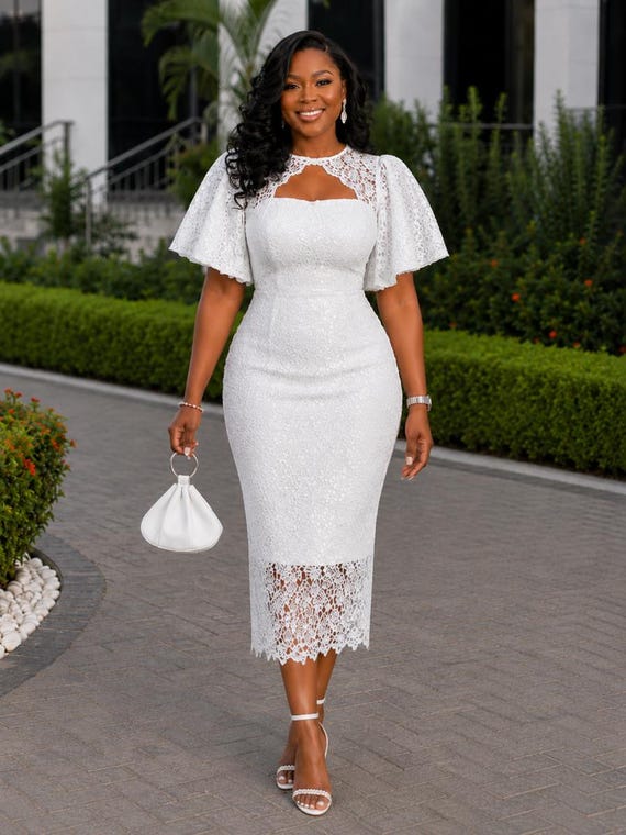 midi dress for bridal shower guest Plus Size Outfit White Lace Dress, Elegant Flutter Sleeve, Modest Wedding Amarra 89443 | Floral mkt_finds_accessories Width:B (Medium)
