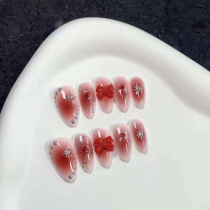 Red wine almond shape nails  with cute bowsPress On Nails/Shimmering cat eye nails /glitter Nails/Reusable Nails/Y2K Nails/Trendy Star Nails