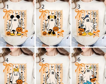 May include: A collection of DTF (Direct to Film) transfer designs featuring cartoon ghosts dressed as popular characters, surrounded by Halloween-themed elements like pumpkins and spiderwebs. The text "Ready to press DTF Transfer" is at the top.