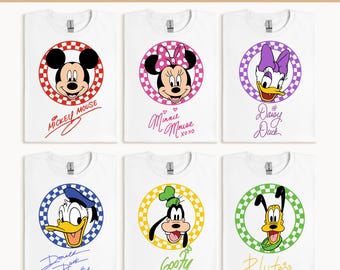 Transferencia de firmas de personajes de Disney (DTF), Mickey y sus amigos listos para imprimir, transferencia térmica de Disneyland, viaje familiar a Disneyworld (DTF)