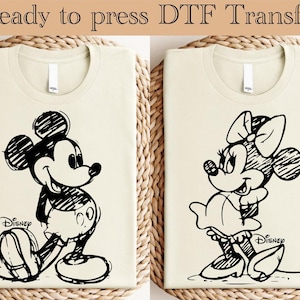 Dibujo a lápiz de Mickey y Minnie (DTF), Mickey y Minnie listos para imprimir, transferencia DTF de Disneyland, viaje familiar a Disneyland (DTF), Mickey Mouse (DTF)