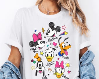Transferencia de firmas de personajes de Disney (DTF), Mickey y sus amigos listos para imprimir, transferencia térmica de Disneyland, viaje familiar a Disneyworld (DTF)