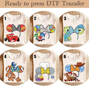 Disney Pixar Bow Ready To Press, Toy Story DTF Transfer, Inside Out Heat Transfer, Up Movie DTF, Finding Nemo DTF, Lightning McQueen Shirt