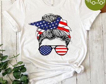 American Girl 4th of July Shirt: Messy Bun Patriotic Tee
