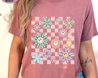 Chemise visage souriant fleuri rétro, t-shirt graphique à carreaux, chemise positive, sweat-shirt joyeux rétro