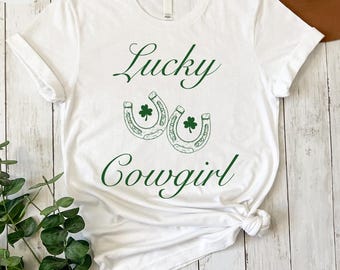St Patrick's Day Cowgirl Shirt: Lucky Horseshoe Clover Tee