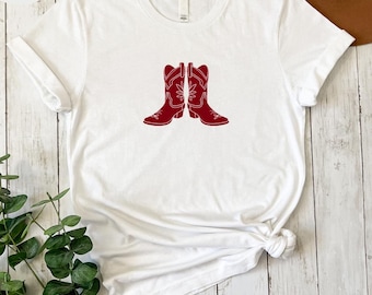 Camiseta retro con bota vaquera roja: camiseta de concierto vaquera del oeste
