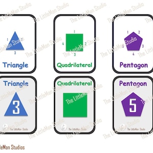 May include: Six flashcards with different shapes and numbers. The shapes are a triangle, quadrilateral, and pentagon. The numbers are 1, 2, 3, 4, and 5. The flashcards are white with black borders.