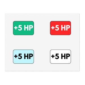 Può includere: Quattro adesivi rettangolari con angoli arrotondati, ciascuno con "+5 HP" in testo bianco. Gli sfondi sono rispettivamente verde, rosso, azzurro e bianco. Gli adesivi sono disposti su uno sfondo bianco.
