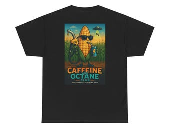 Caffeine and Octane Club T-Shirt E85 Cornfield Graphic Tee with Check Engine Light & UFO Cow Abduction Funny Car Enthusiast Shirt
