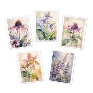 Tarjetas de felicitación impresas con flores nativas de Iowa (paquete de 5) Equinácea púrpura, campanillas de Virginia, bergamota silvestre, aquilegia silvestre, lupino silvestre