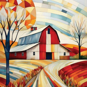 May include: An abstract painting of a red and white barn with a blue roof, set against a colorful landscape. The artwork features a winding road and trees, with a vibrant palette of reds, oranges, yellows, and blues. The artist's signature is in the bottom right corner.