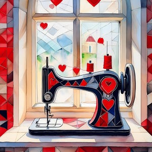 May include: A vintage black sewing machine with red hearts and thread spools sits on a windowsill with a view of a building and red hearts in the window panes.