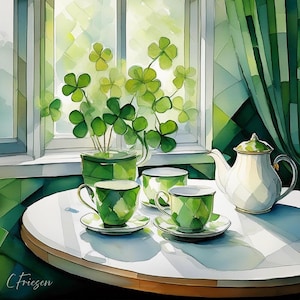 May include: Watercolor painting of a table set for tea. The table holds a white teapot, two teacups with saucers, and a small green pot with shamrocks. The teacups and pot have a green diamond pattern. A window and green curtains are in the background.