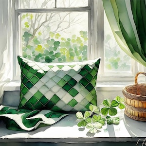 May include: Watercolor image of a window scene with a green and white woven pillow, a matching blanket, and a woven basket. Green shamrocks are scattered on the windowsill. Sheer white curtains and green curtains frame the window.