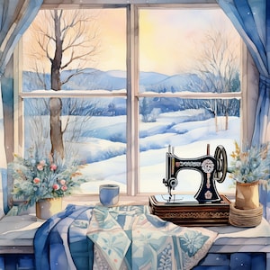 Té caliente, tarjeta de felicitación navideña, día de nieve en el taller de costura, máquina de coser vintage, acolchado antiguo, acuarela, regalo de Navidad