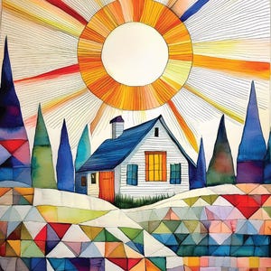 Quilted Cottage Greeting Card - Blank Interior - Front Yard -Watercolor Quilt Theme Card & Envelope - Cubist Watercolor Painting - Art Print