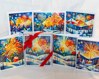 Happy New Year Greeting Card Boxed Set, 6 Designs, Welcome 2025 Fireworks Celebration, Watercolor Cubist Artwork, Quilting & Sewing Gift