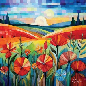 May include: A colorful abstract painting of a landscape with a sun in the sky and a field of flowers in the foreground. The flowers are red, orange, yellow, and blue. The sky is blue and green. The landscape is made up of geometric shapes.