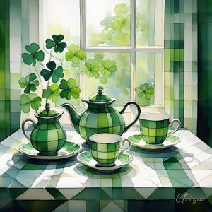 May include: A green checkered teapot, creamer, and teacup set on a white and green checkered tablecloth. The teapot has a lid and a spout. The creamer has a lid. The teacup has a handle. The set is in front of a window with green leaves outside.