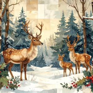 May include: Watercolor painting of a winter forest scene with three deer. The deer have brown fur with white spots and large antlers. Snow covers the ground, and evergreen trees fill the background. Holly with red berries is in the foreground.