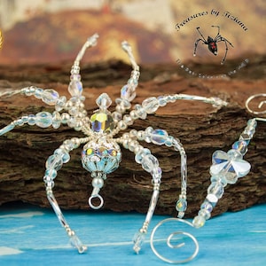 April Birthstone Diamond Swarovski Crystal Beaded Christmas Spider Suncatcher with German Tinsel Legend, Car Mirror Ornament, Best Seller