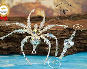 April Birthstone Diamond Swarovski Crystal Beaded Christmas Spider Suncatcher with German Tinsel Legend, Car Mirror Ornament, Best Seller