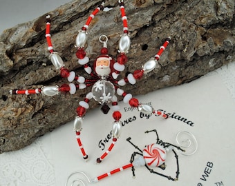 Winter Ice Snowflake Secret Santa Clouse Peppermint Hook Beaded Christmas Tree Stocking Spider Ornament with Legend, Spider Ornament