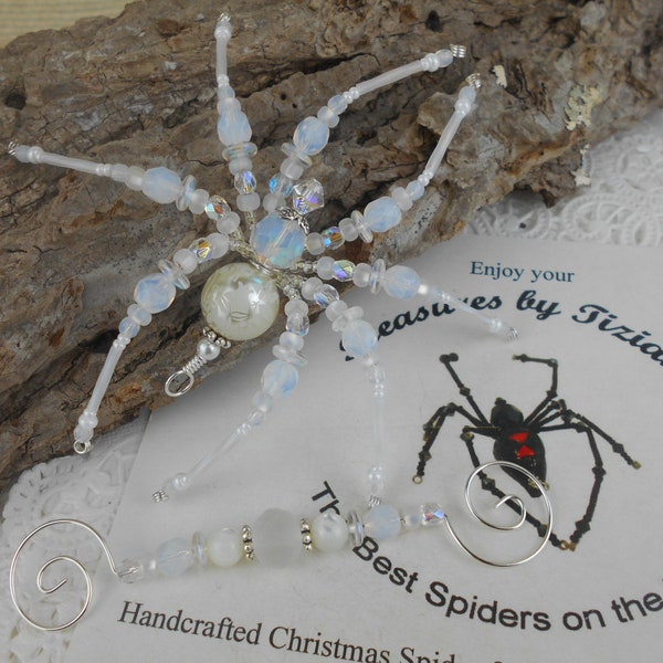 Etched White Opal Swarovski Crystal Pearl October Birthstone Beaded Christmas Spider Ornament with German Tinsel Legend Treasures by Tiziana