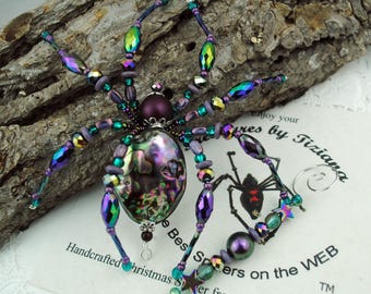 Large Natural Abalone Shell Beaded Christmas Spider Ornament with German Tinsel Legend, Nautical, Holiday Gift, Treasures by Tiziana®