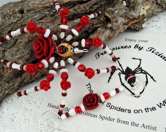 Flower Red Rose Ladybug Elegant Romantic Gift Christmas Spider Ornament with German Tinsel Legend, Holiday Ornament, Christmas Ornament