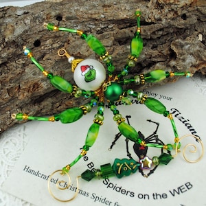Stocking Holiday Party Green Grinch Secret Santa Beaded Christmas Tree Spider Ornament with Legend, Spider Ornament Decoration Gift