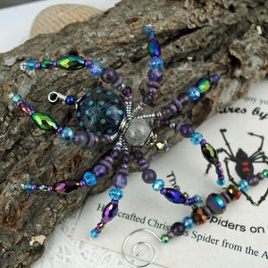Mt. St Helen&#39;s Volcanic Ash Beaded Mood Bead Christmas Spider Ornament with German Tinsel Legend, Hand Made Gift for House Warming