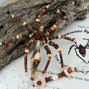 Natural Wood & Seashells Bamboo Rudraksha Prayer Seed Beaded Christmas Spider with German Tinsel Legend, Guru, Tibetan, Vegan, Yoga Gift